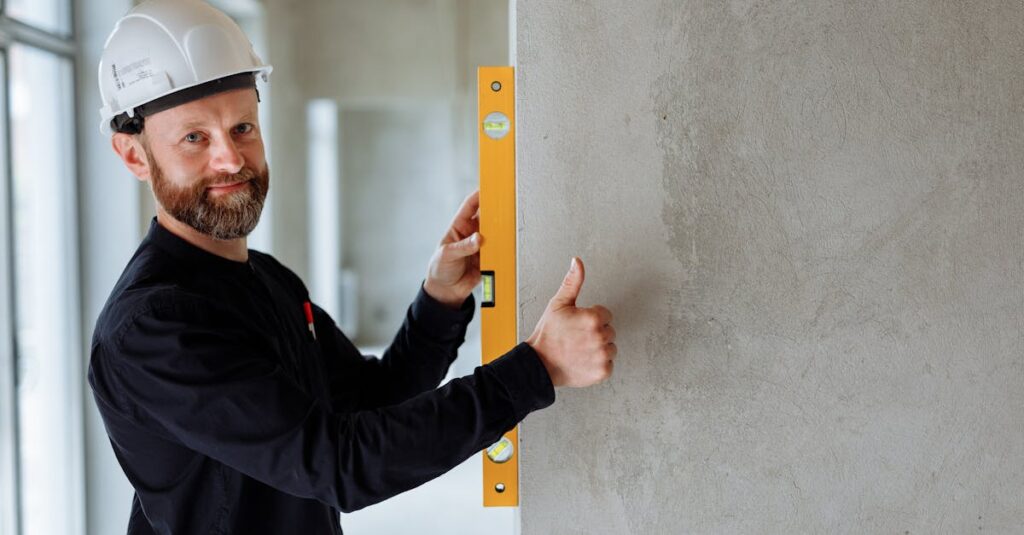 Confident male construction worker using a spirit level on a concrete wall for precise alignment indoors.